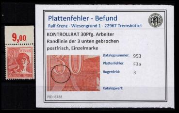KONTROLLRAT_1947_PLATTENFEHLER_Nr_953_F3a_postfrisch_Bild1