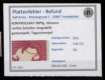KONTROLLRAT_1947_PLATTENFEHLER_Nr_954_F66_(II)_gestempelt_Bild1