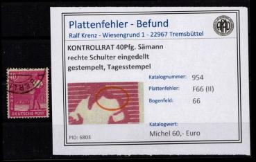 KONTROLLRAT_1947_PLATTENFEHLER_Nr_954_F66_(II)_gestempelt_Bild1