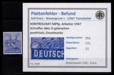 KONTROLLRAT_1947_PLATTENFEHLER_Nr_955_F21_postfrisch_Bild1
