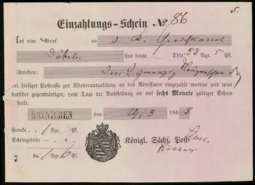 EINZAHLUNGS_SCHEIN_HAYNICHEN_1863__siehe_Beschreibung_Bild1