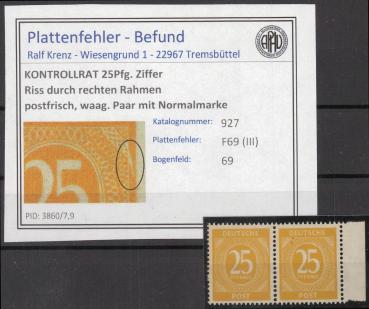 KONTROLLRAT_1947_PLATTENFEHLER_Nr_927_III_postfrisch_Bild1