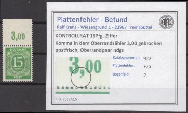 KONTROLLRAT_1947_PLATTENFEHLER_Nr_922_F2a_postfrisch_Bild1