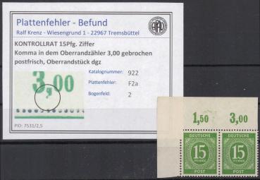 KONTROLLRAT_1947_PLATTENFEHLER_Nr_922_F2a_postfrisch_Bild1