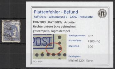 KONTROLLRAT_1946_PLATTENFEHLER_Nr_957_IV_gestempelt_Bild1
