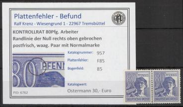 KONTROLLRAT_1946_PLATTENFEHLER_Nr_957_F85_postfrisch_Bild1