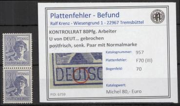 KONTROLLRAT_1946_PLATTENFEHLER_Nr_957_III_postfrisch_Bild1