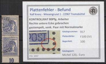 KONTROLLRAT_1946_PLATTENFEHLER_Nr_957_IV_gestempelt_Bild1