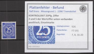 KONTROLLRAT_1947_PLATTENFEHLER_Nr_926_III_postfrisch_Bild1