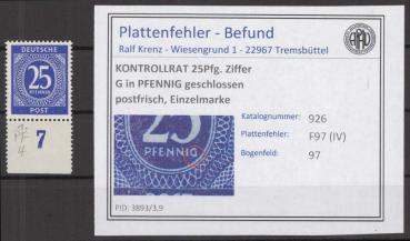 KONTROLLRAT_1947_PLATTENFEHLER_Nr_926_IV_postfrisch_Bild1