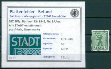 SBZ_1945_PLATTENFEHLER_Nr_1AAux_F63(VIII)_postfrisch_Bild1