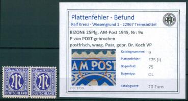 BIZONE_1945_PLATTENFEHLER_Nr_9x_F75(I)_postfrisch_Bild1