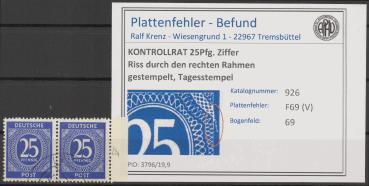 KONTROLLRAT_1947_PLATTENFEHLER_Nr_926_V_gestempelt_Bild1