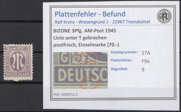 BIZONE_1945_PLATTENFEHLER_Nr_17aA_F9_postfrisch_Bild1