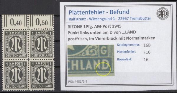 BIZONE_1945_PLATTENFEHLER_Nr_16B_F16_postfrisch_Bild1