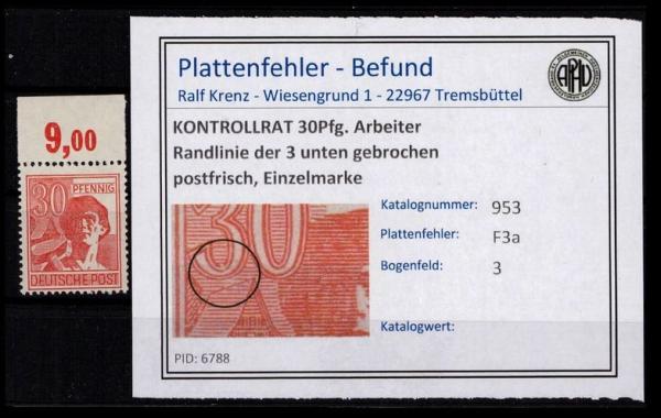 KONTROLLRAT_1947_PLATTENFEHLER_Nr_953_F3a_postfrisch_Bild1