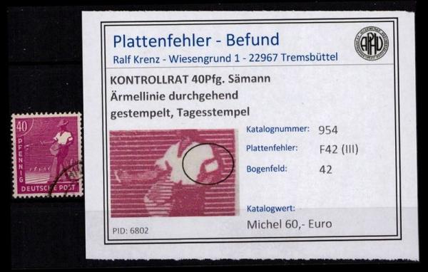KONTROLLRAT_1947_PLATTENFEHLER_Nr_954_F42_(III)_gestempelt_Bild1