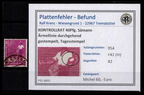 KONTROLLRAT_1947_PLATTENFEHLER_Nr_954_F42_(III)_gestempelt_Bild1