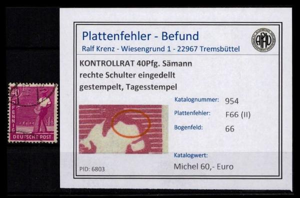 KONTROLLRAT_1947_PLATTENFEHLER_Nr_954_F66_(II)_gestempelt_Bild1