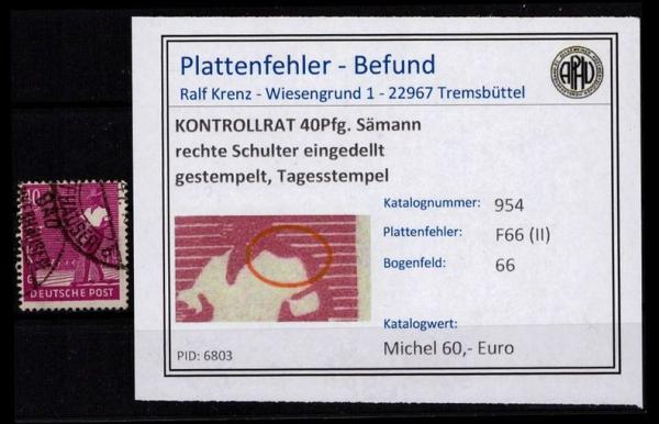 KONTROLLRAT_1947_PLATTENFEHLER_Nr_954_F66_(II)_gestempelt_Bild1
