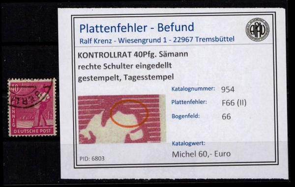 KONTROLLRAT_1947_PLATTENFEHLER_Nr_954_F66_(II)_gestempelt_Bild1