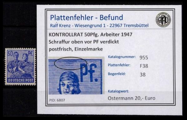 KONTROLLRAT_1947_PLATTENFEHLER_Nr_955_F38_postfrisch_Bild1