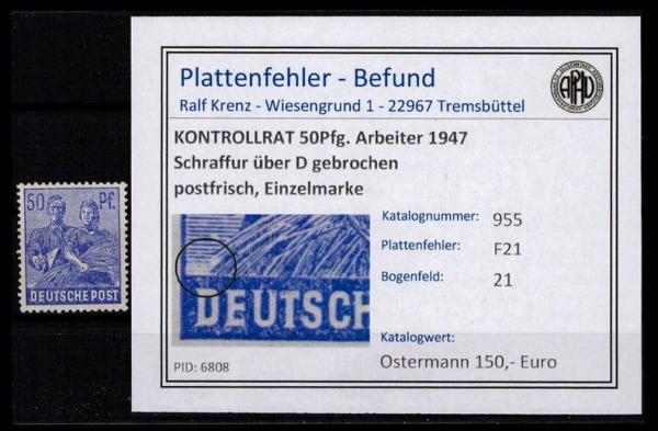KONTROLLRAT_1947_PLATTENFEHLER_Nr_955_F21_postfrisch_Bild1