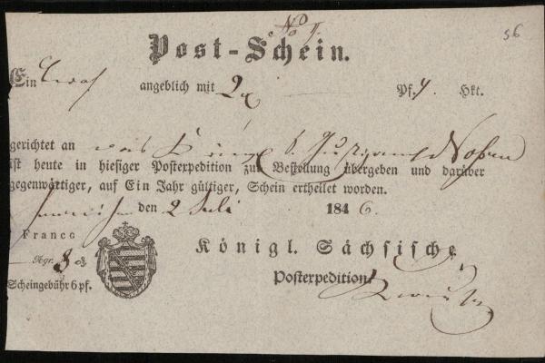 POST_SCHEIN_HAYNICHEN_Sachsen_1846__siehe_Beschreibung_Bild1