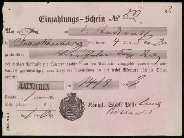 EINZAHLUNGS_SCHEIN_HAYNICHEN_1863__siehe_Beschreibung_Bild1