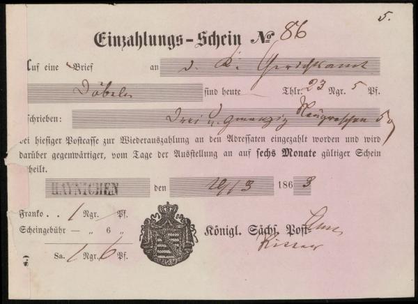 EINZAHLUNGS_SCHEIN_HAYNICHEN_1863__siehe_Beschreibung_Bild1