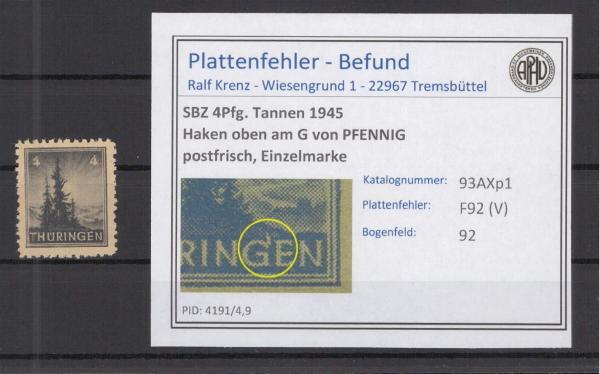 SBZ_1945_PLATTENFEHLER_Nr_93AXp1_V_postfrisch_Bild1