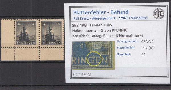 SBZ_1945_PLATTENFEHLER_Nr_93AYz2_V_postfrisch_Bild1