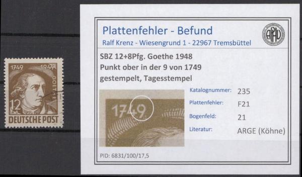 SBZ_1948_PLATTENFEHLER_Nr_235_F21_gestempelt_Bild1