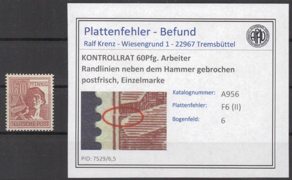 KONTROLLRAT_1947_PLATTENFEHLER_Nr_A956_II_postfrisch_Bild1