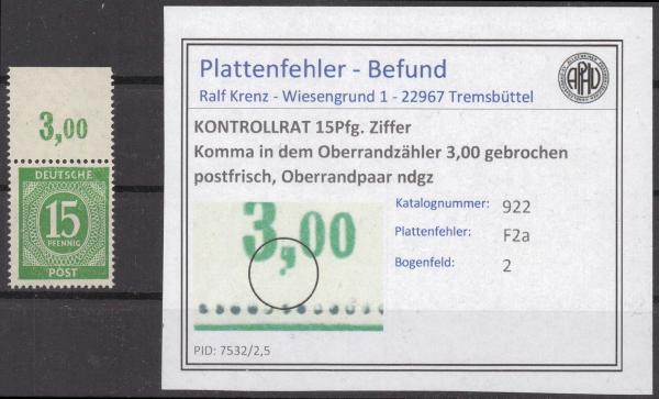 KONTROLLRAT_1947_PLATTENFEHLER_Nr_922_F2a_postfrisch_Bild1