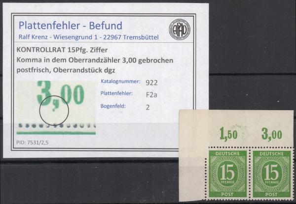KONTROLLRAT_1947_PLATTENFEHLER_Nr_922_F2a_postfrisch_Bild1
