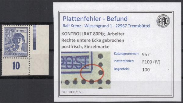 KONTROLLRAT_1947_PLATTENFEHLER_Nr_957_IV_postfrisch_Bild1