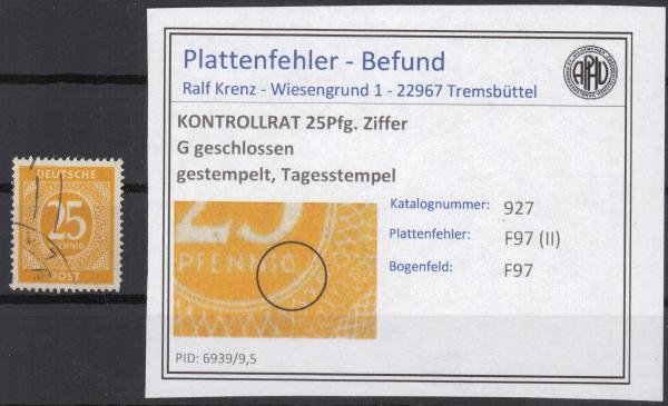 KONTROLLRAT_1947_PLATTENFEHLER_Nr_927_II_gestempelt_Bild1