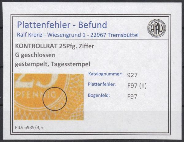 KONTROLLRAT_1947_PLATTENFEHLER_Nr_927_II_gestempelt_Bild1