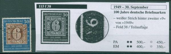BUND_1949_PLATTENFEHLER_Nr_115_f38_gestempelt_Bild1