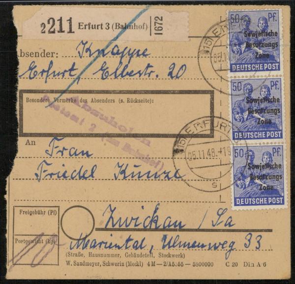 SBZ_1948_Interessante_Paketkarte_mit_Nr_203_gestempelt_Bild1