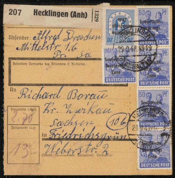 SBZ_1948_Interessante_Paketkarte_mit_Nr_205_gestempelt_Bild1