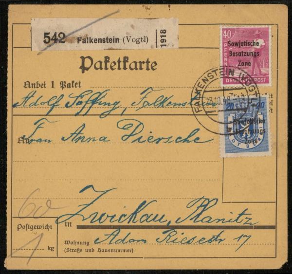 SBZ_1948_Interessante_Paketkarte_mit_Nr_205_gestempelt_Bild1