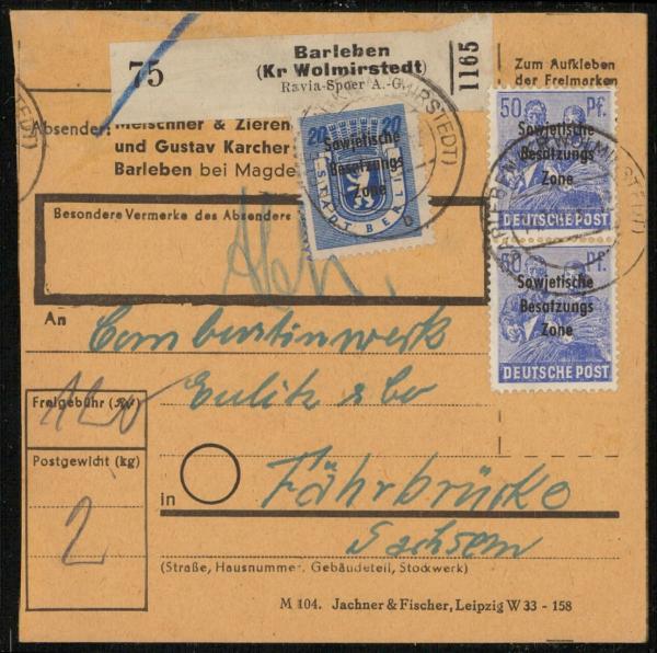 SBZ_1948_Interessante_Paketkarte_mit_Nr_205_gestempelt_Bild1