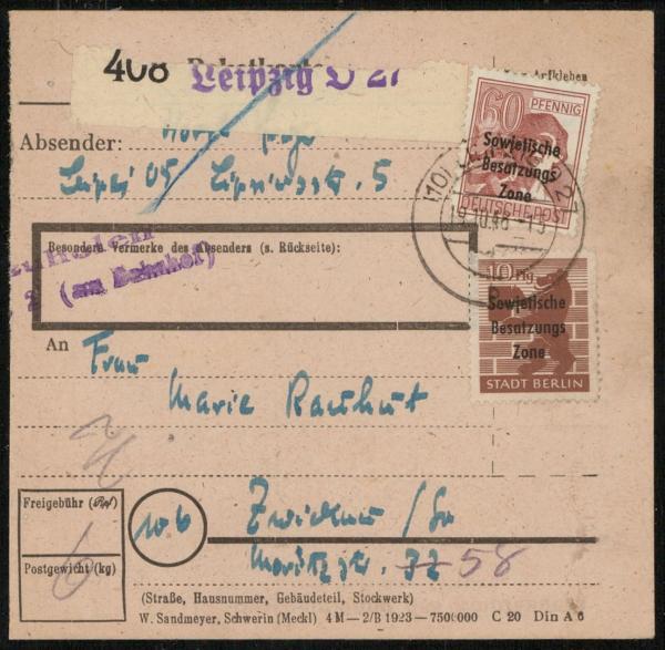 SBZ_1948_Interessante_Paketkarte_mit_Nr_203_gestempelt_Bild1