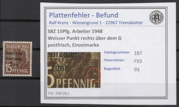 SBZ_1948_PLATTENFEHLER_Nr_187_F93_postfrisch_Bild1
