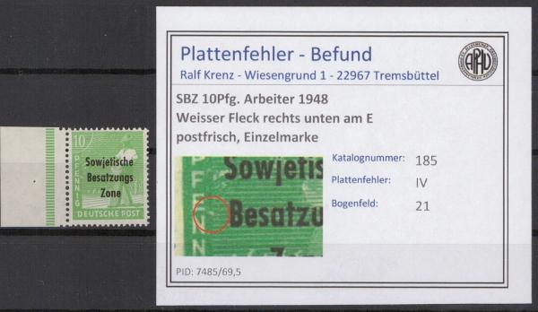 SBZ_1948_PLATTENFEHLER_Nr_185_IV_postfrisch_Bild1