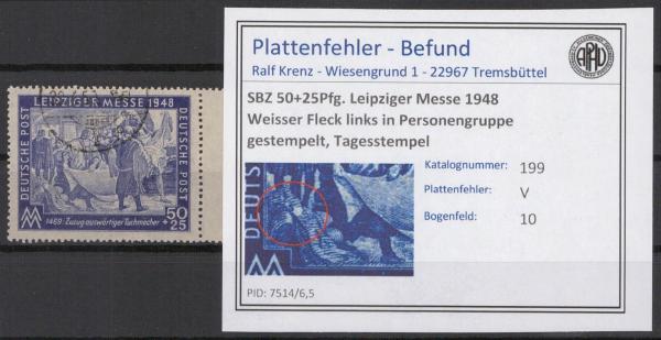 SBZ_1948_PLATTENFEHLER_Nr_199_V_gestempelt_Bild1