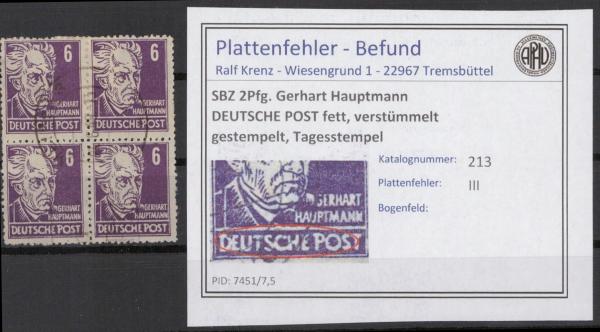 SBZ_1948_PLATTENFEHLER_Nr_213_III_gestempelt_Bild1