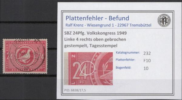 SBZ_1949_PLATTENFEHLER_Nr_232_F10_gestempelt_Bild1